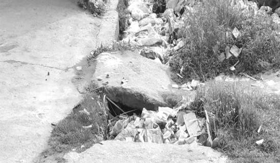 लहानको मुख्य चोकमा नाला थुनिँदा फैलियो दुर्गन्ध